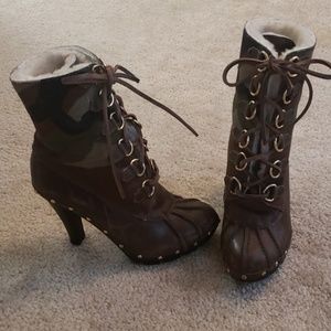 Michael Kors Distressed Leather And Camo Boots